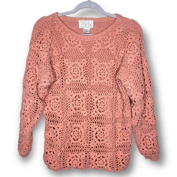 Casual Corner Sweaters - Vintage 90s Casual Corner Small Pink Dainty Crochet Knit Heavy Cozy Sweater